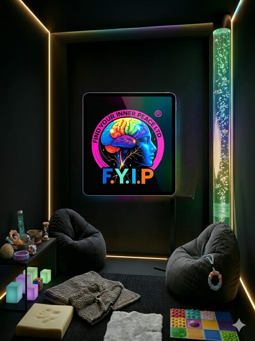 Indoor Peace POD room with tablet, LED strip lighting, bubble tube and sensory floor mats