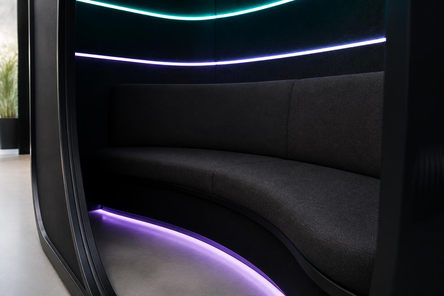 Close-up of the built-in curved high-back bench inside a Peace POD, black upholstery on a slim black plinth with a weighted blanket and ambient LED glow