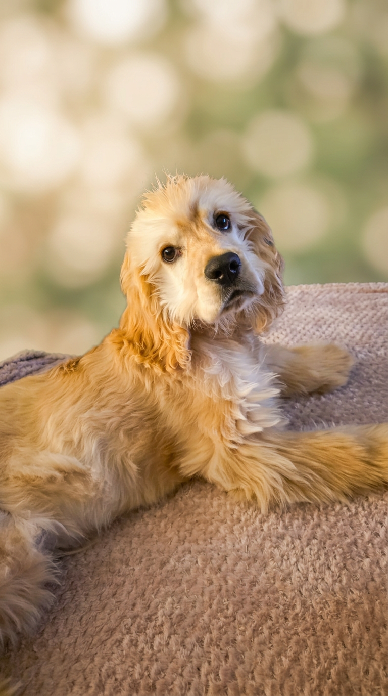 Close-up of the golden cocker spaniel resting peacefully on a soft cream blanket.
