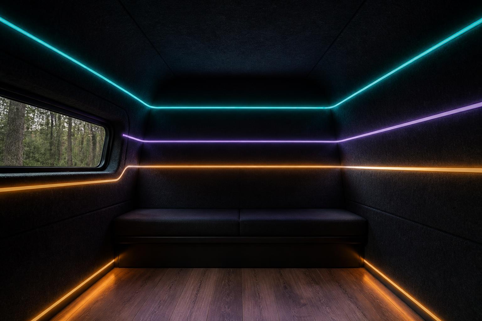 Inside an outdoor Peace POD set up as a calming sensory room with multi-colour LED lighting, bubble tube, cushioned bench and weighted blanket