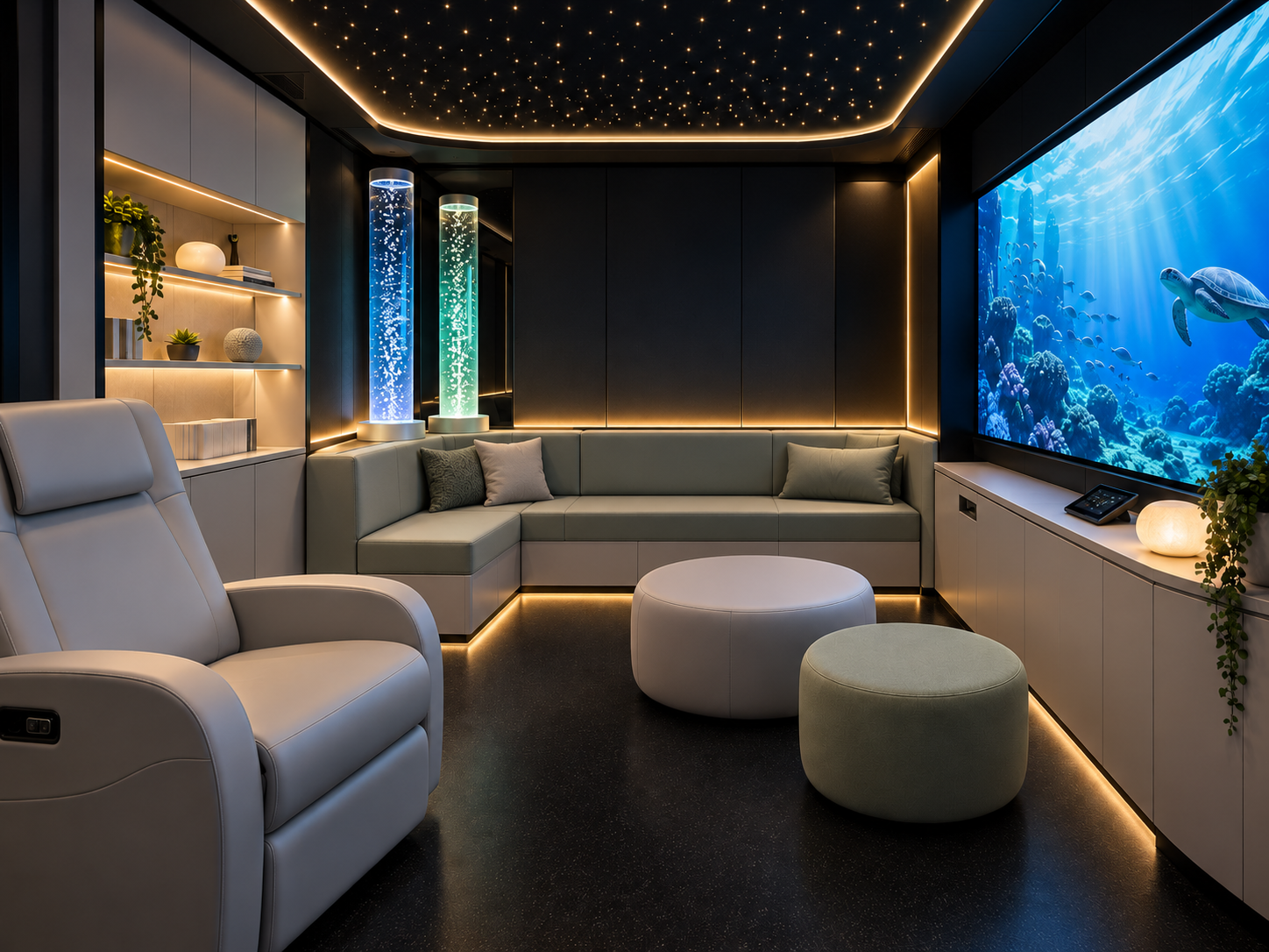 Dark, calming sensory POD interior with medical-grade reclining chair and seating, bubble tubes, starlight ceiling and an underwater projection