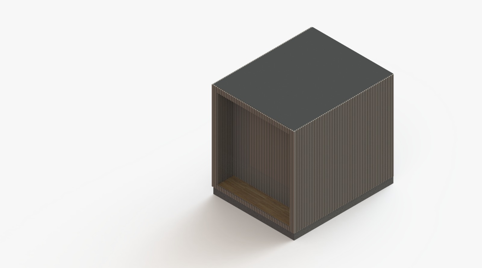 Outdoor Peace POD, isometric view of the slatted timber garden pod with dark roof