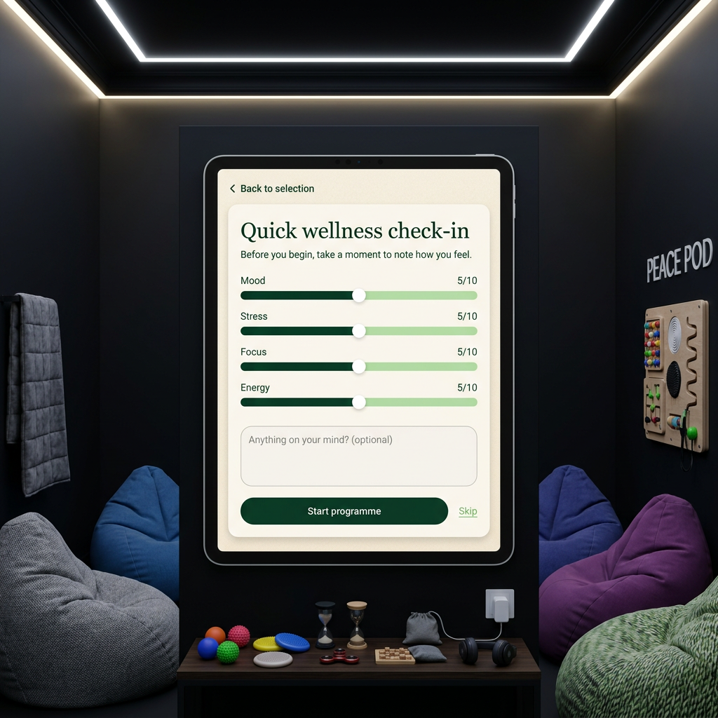 An indoor Peace POD: dark sensory room with LED lighting, bean bags, sensory tools and a tablet showing the FYIP daily check-in app