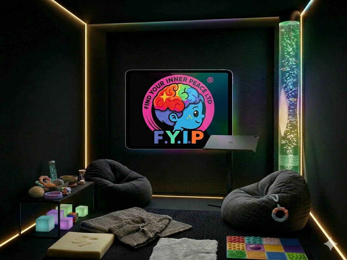 Indoor Peace POD sensory room with bean bags, colour-change cubes and calming tools