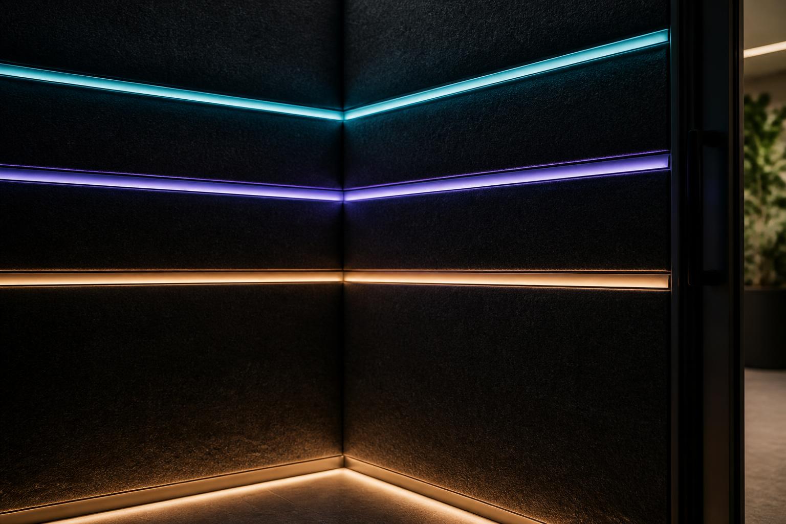 Close-up of a recessed multi-colour LED strip in its aluminium channel along the black ceiling cove of a Peace POD
