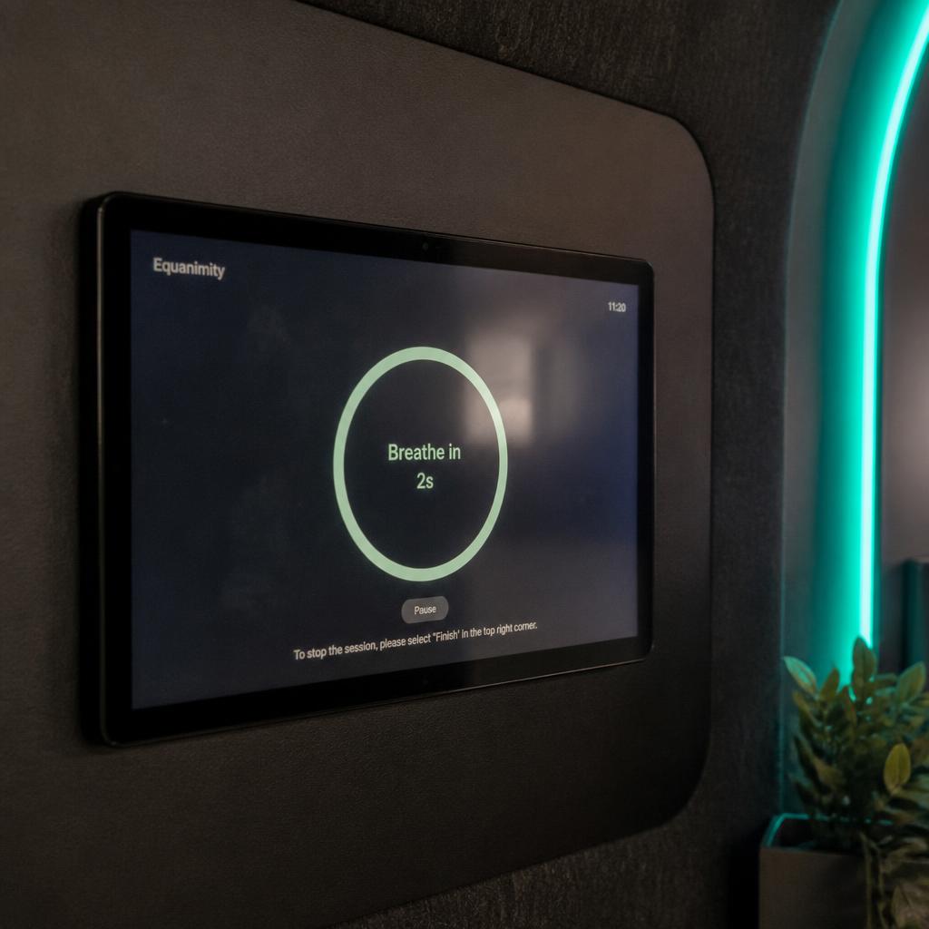 Close-up of the wall-mounted tablet running the Find Your Inner Peace breathing app inside a Peace POD
