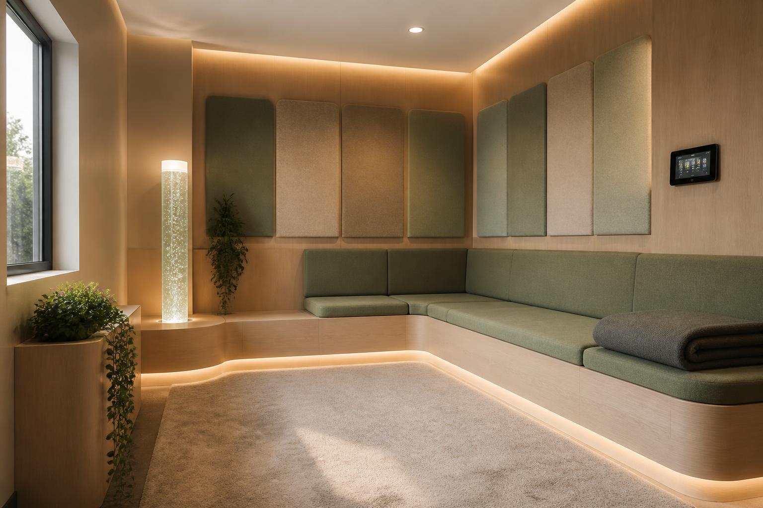 Calming school room fitted out in the Peace POD interior style, with timber panelling, sage bench seating, acoustic felt panels and a bubble tube