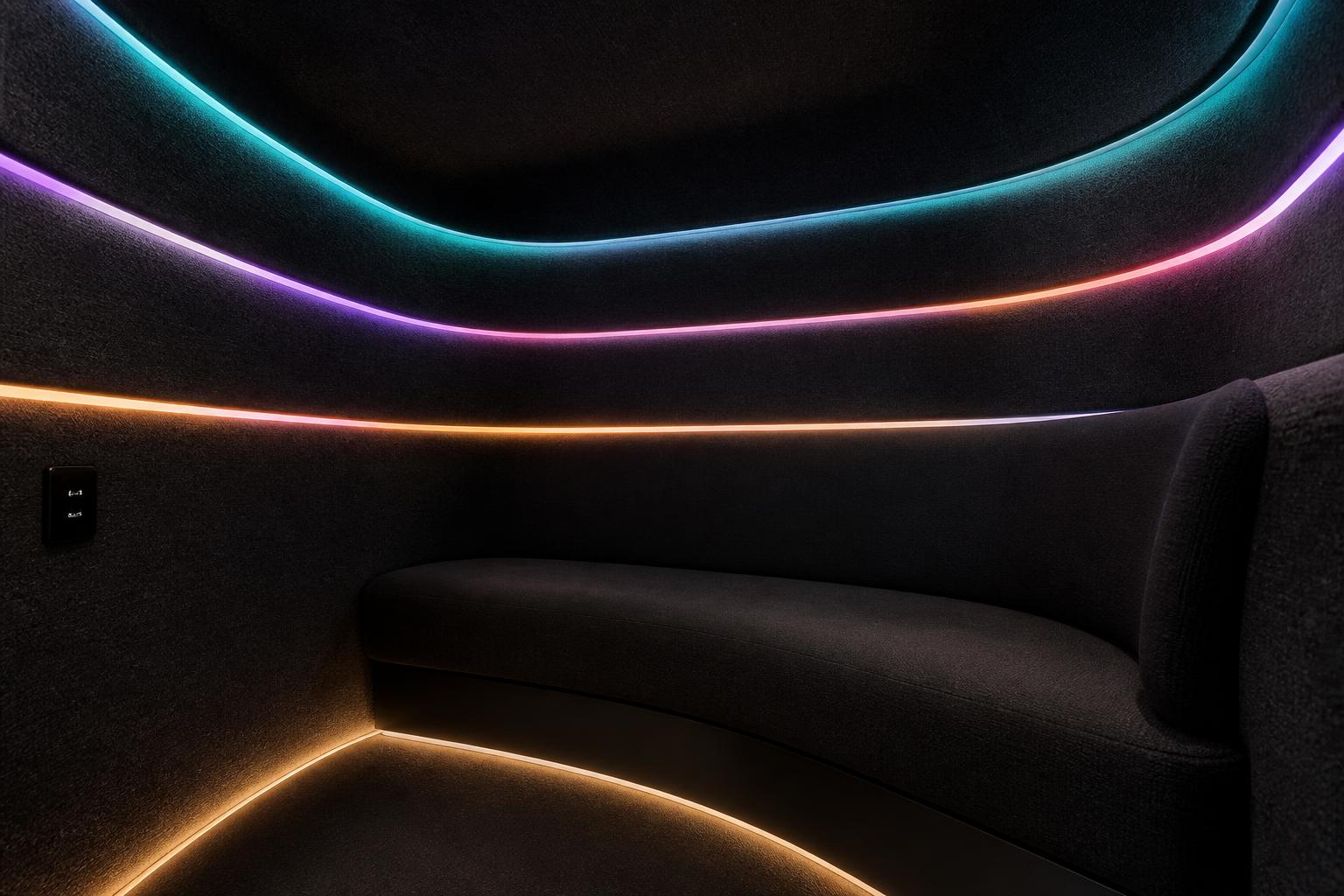 Interior of an indoor Peace POD: matte black acoustic shell, curved high-back bench on a slim black plinth and multi-colour LED cove lighting